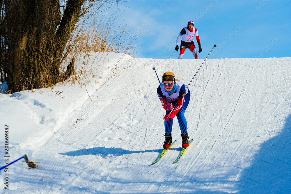 Protvino, Russia - March,18, 2018:.participants of the cross-country ski race on the track during the competition