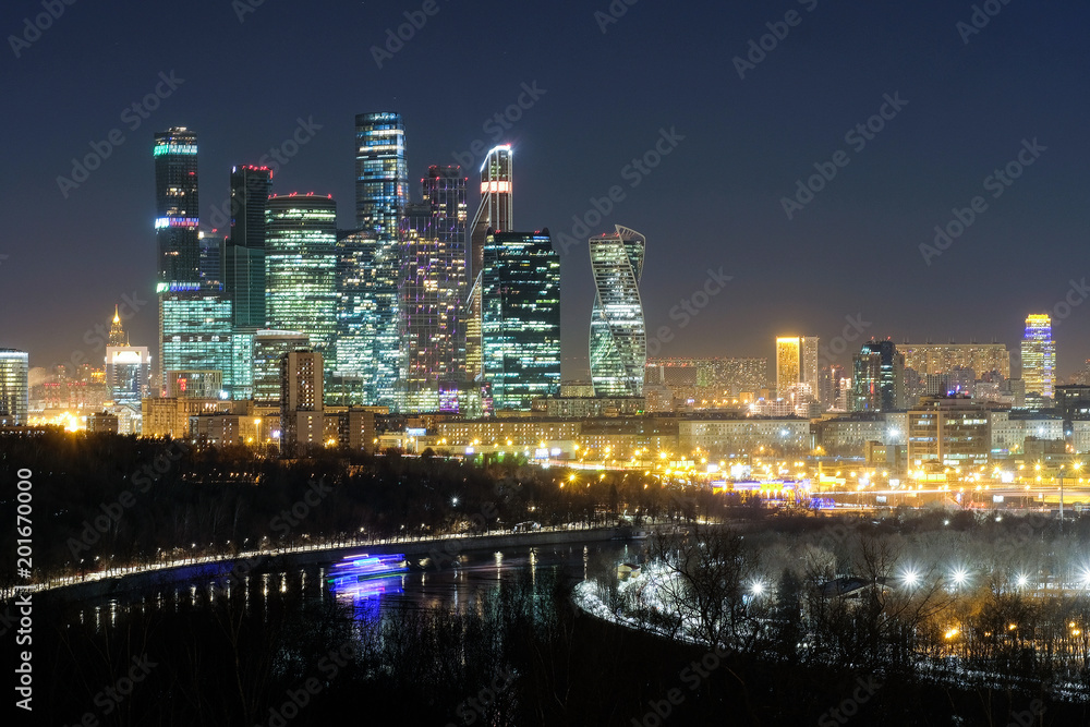 Moscow, Russia - March, 23, 2018: Landscape with the image of night Moscow