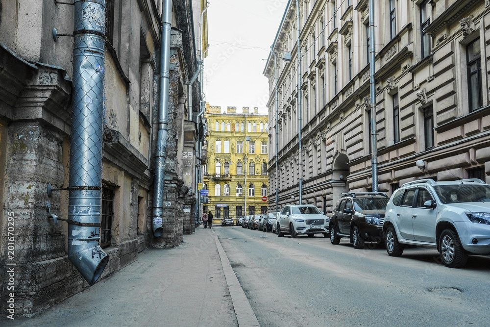 St. Petersburg, Russia - April, 17, 2018: cars on a parking in St. Petersburg's street