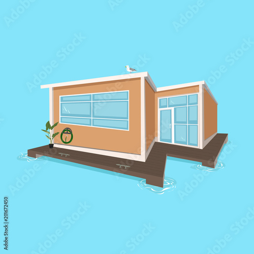 Modern lake house cottage on dock with seagull. Isolated on blue water background. Vector illustration