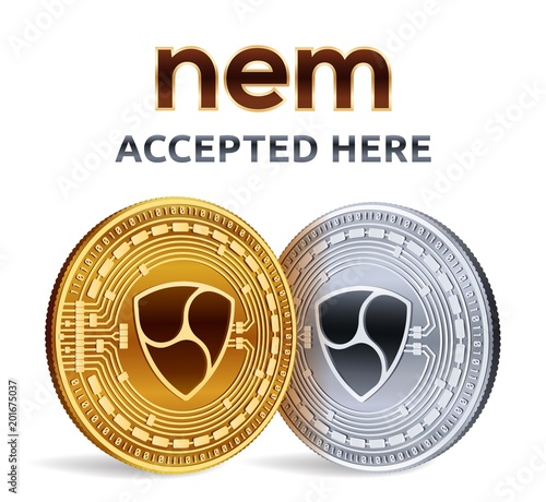 NEM. Accepted sign emblem. Crypto currency. Golden and silver coins with NEM symbol isolated on white background. 3D isometric Physical coins with text Accepted Here. Stock vector illustration.