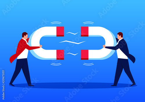 Two businessmen confront with a magnet