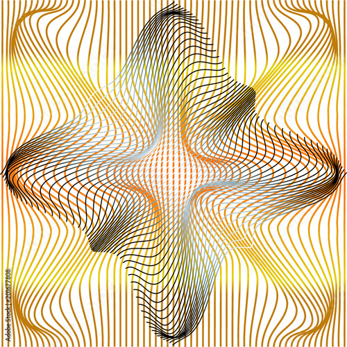 Vector illustration of gradient golden and grey distort and deformation net or mesh warp texture on white background.
