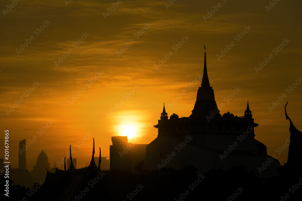 Silhouette, Beautiful view of Wat Saket Ratcha Wora Maha Wihan