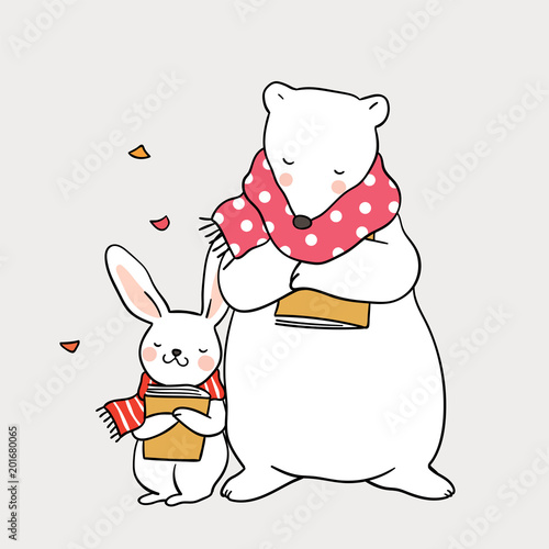 Cute draw vector illustration background character design big bear and little rabbit standing in leaves fall autumn season and beauty scarf Doodle cartoon style