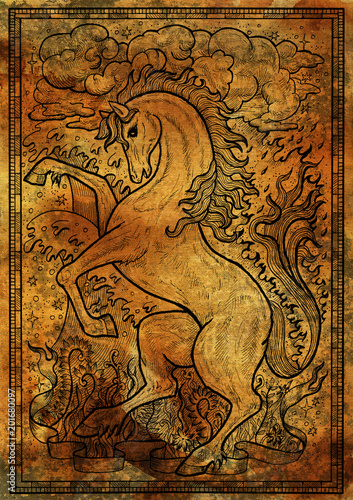 Horse symbol with four nature elements, fire, air, water and earth mystic signs on antique texture background. Fantasy engraved illustration. Zodiac animals of eastern calendar © samiramay