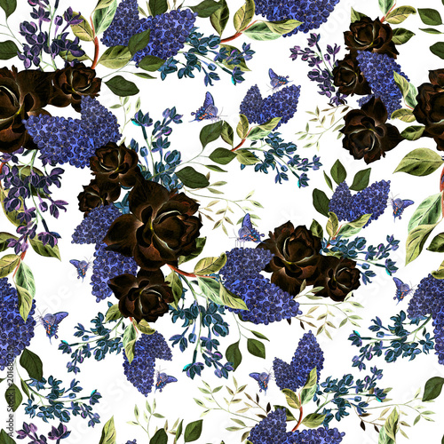 Seamless pattern with watercolor  lilac and roses flowers.