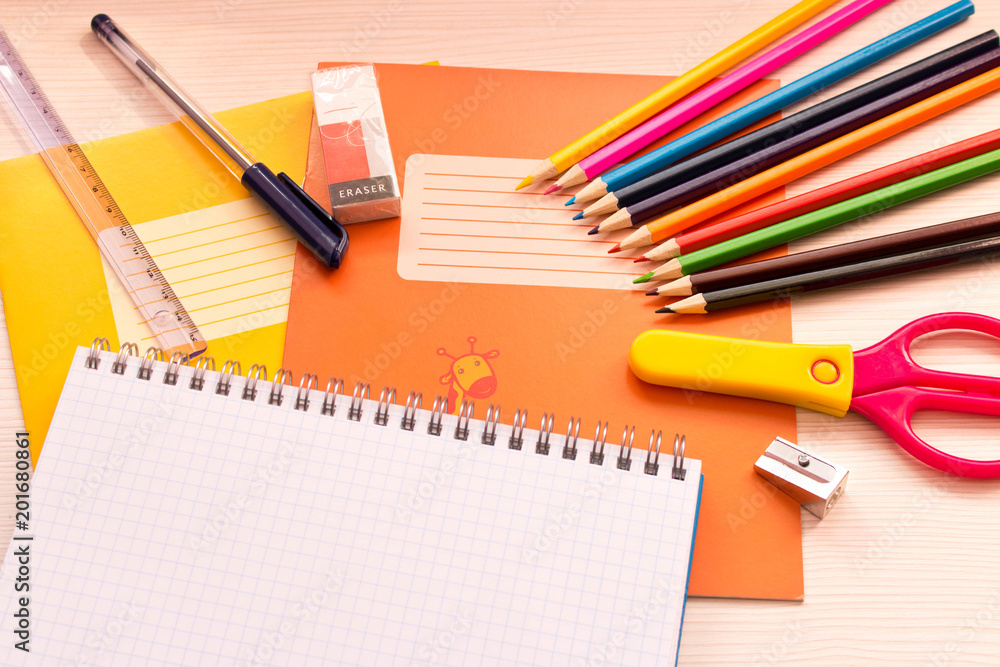 Various school accessories on the Desk . Back to school . With empty text space Various school accessories on the Desk . Back to school . With empty text space