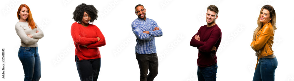 Group of cool people, woman and man with crossed arms confident and happy with a big natural smile laughing Group of cool people, woman and man with crossed arms confident and happy with a big natural smile laughing