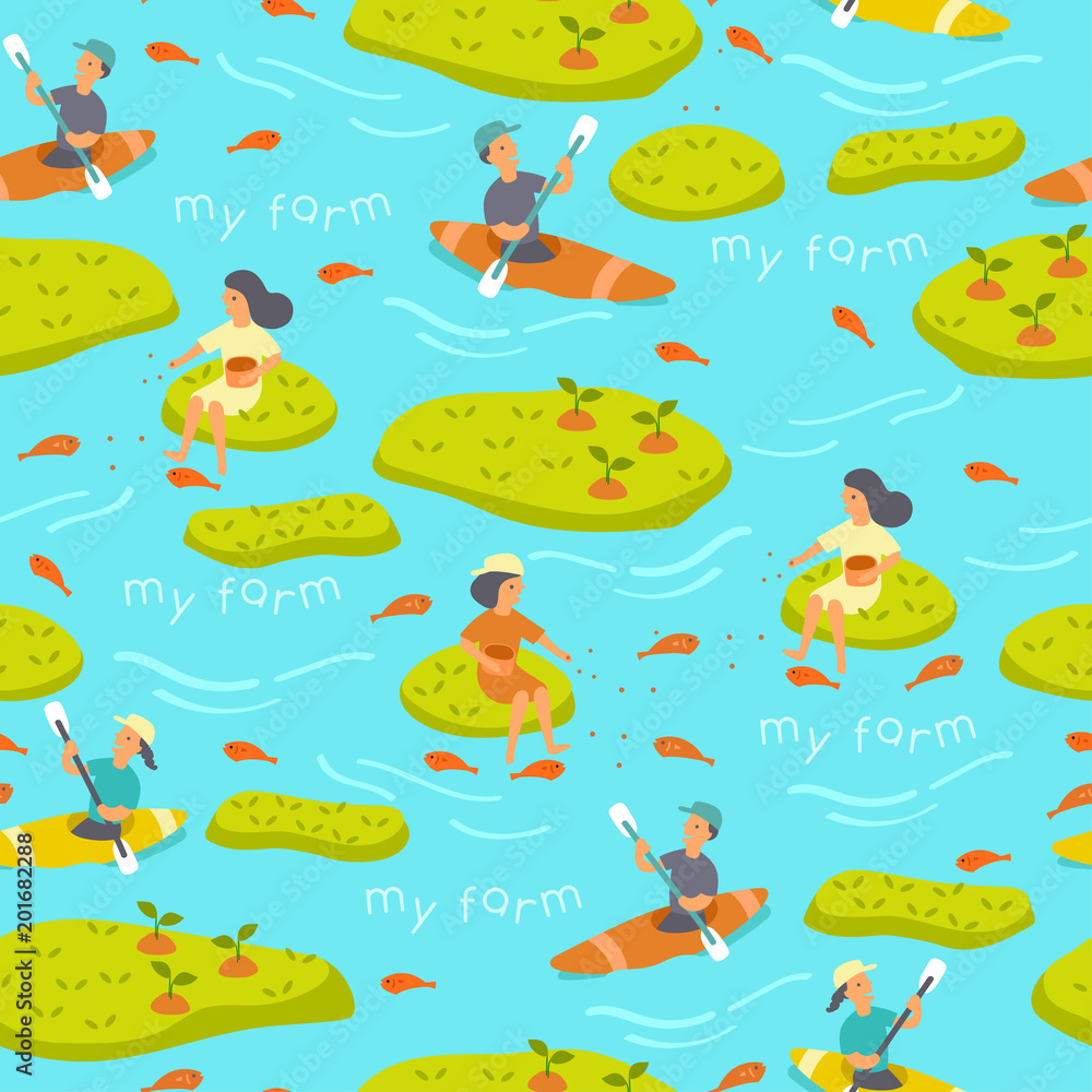 Seamless Pattern : Boy and Girl Canoeing and Feeding Fish : Vector Illustration