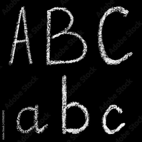 a, b, c handwritten white chalk letters isolated on black background, hand-drawn chalk font, back to school concept, stock illustration in high resolution © anastasiia agafonova