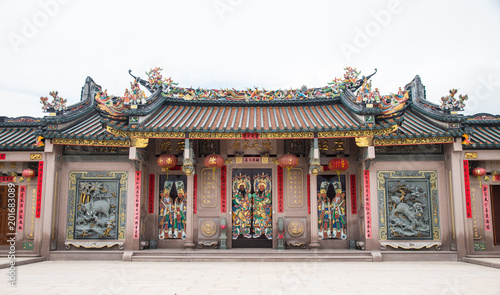 Shantou, China-October 21,2017: The Chinese building style, the art on the door and roof are about belief Chinese's god