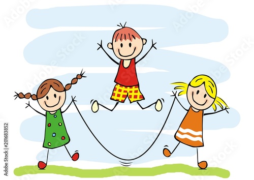 Happy kids and jump rope, two girls and one boy, vector funny icon