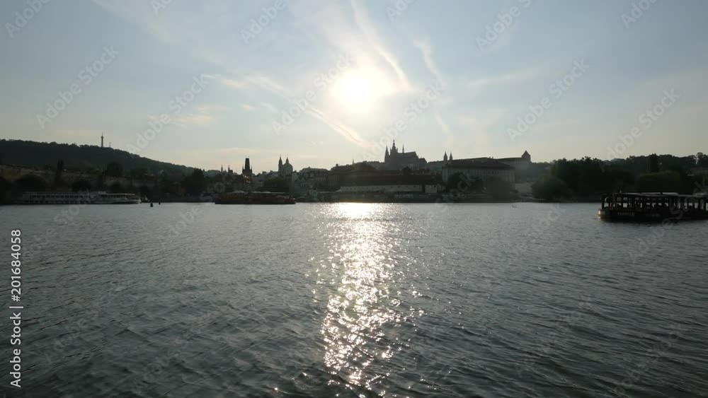 Sightseeing boat floating on Vltava River Sightseeing boat floating on Vltava River