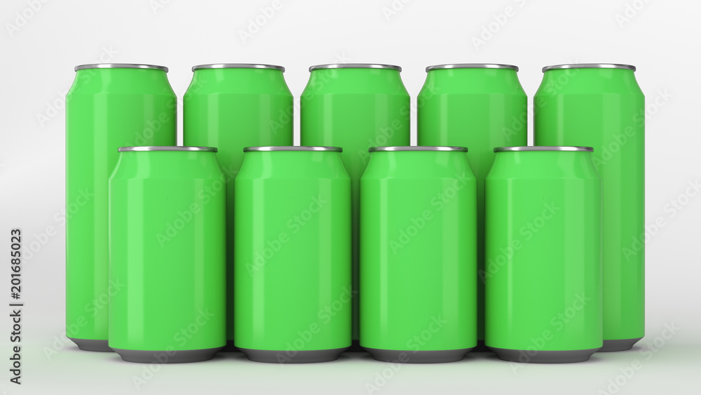 Green soda cans standing in two raws on white background Green soda cans standing in two raws on white background