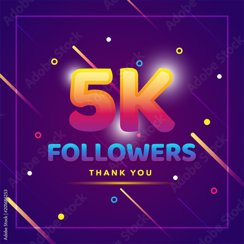 5k or 5000 followers thank you colorful background and glitters. Illustration for Social Network friends, followers, Web user Thank you celebrate of subscribers or followers and likes