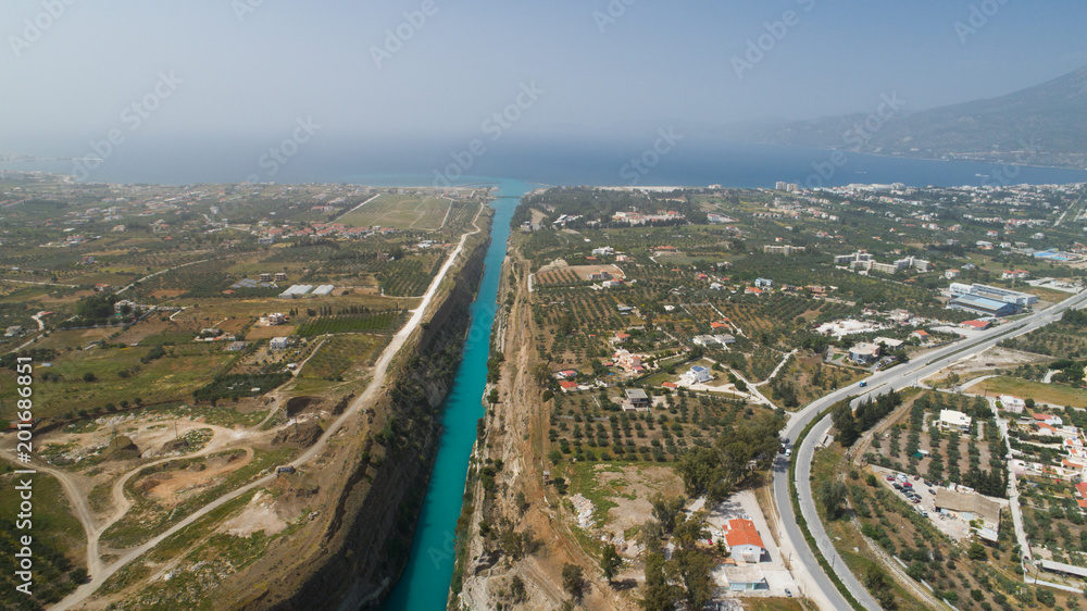 Aerial view of famous Corinth Canal of Isthmus, Peloponnese.