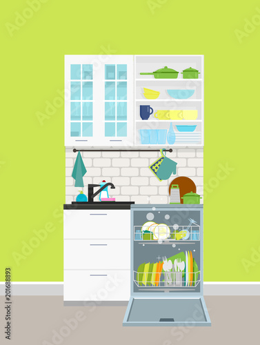 Built-in dishwasher in the kitchen. Crane in the kitchen. Vector flat illustration.