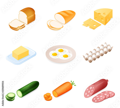 Flat isometric illustration of different food ingredient set. The bread, cheese, butter, sausage, cucumber, carrot, eggs. The meals cooking vector elements isolated on white background.