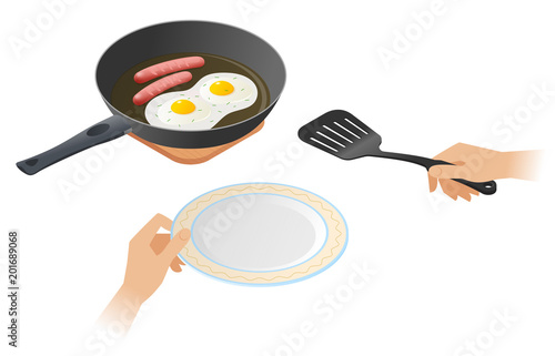 Flat isometric illustration of frying pan with scrambled hen eggs with sausages, a hands with cooking spatula, plate. The fried omelette, pork sausages. Vector concept isolated on white background.
