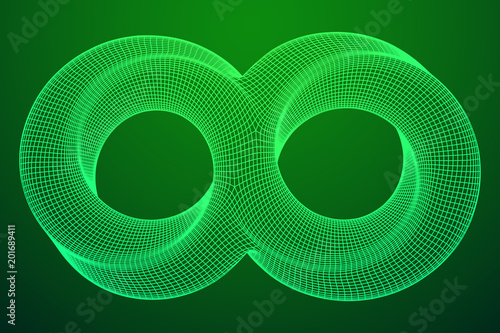 Mobius strip ring infinity sacred geometry. Spatial figure with upturned surfaces. Optical illusion with dual circular contour. Wireframe low poly mesh vector illustration.