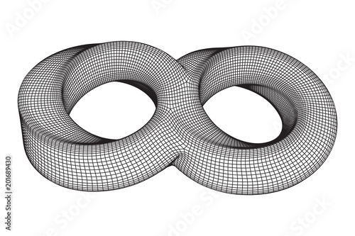 Mobius strip ring infinity sacred geometry. Spatial figure with upturned surfaces. Optical illusion with dual circular contour. Wireframe low poly mesh vector illustration.