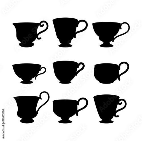 Coffee cup silhouette. Coffee and tea cup set. Black and white vector illustration.