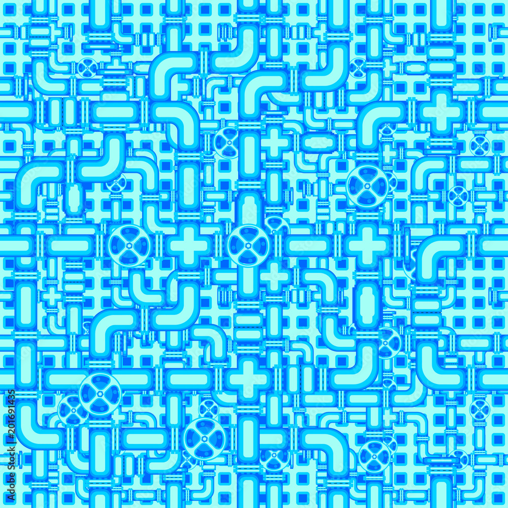 Seamless pattern with the image of valves, and interlacing of pipes, for use as a background and other purposes.