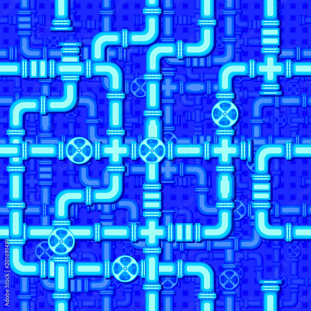 Seamless pattern with the image of valves, and interlacing of pipes, for use as a background and other purposes.