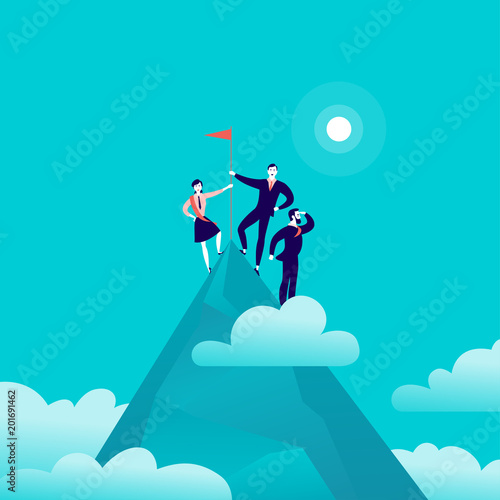 Vector flat illustration with business people standing on mountain peak top holding flag on blue clouded sky background. Victory, achievement, reaching aim, partnership, motivation, leader - metaphor.