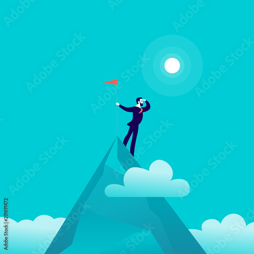 Vector flat illustration with businessman standing on top of mountain peak holding flag on blue clouded sky background. Victory, achievement, reaching aim, aspirations, motivation, leader - metaphor.