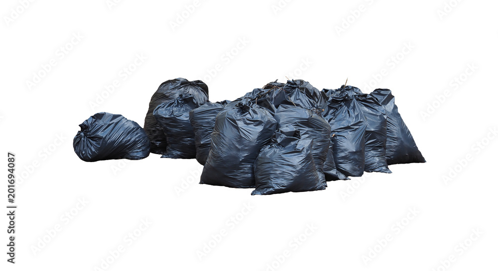Black bags for garbage isolated on white background. Pile of garbage dump, trash, rubbish, bin bag