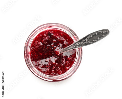 Jar with sweet jam on white background