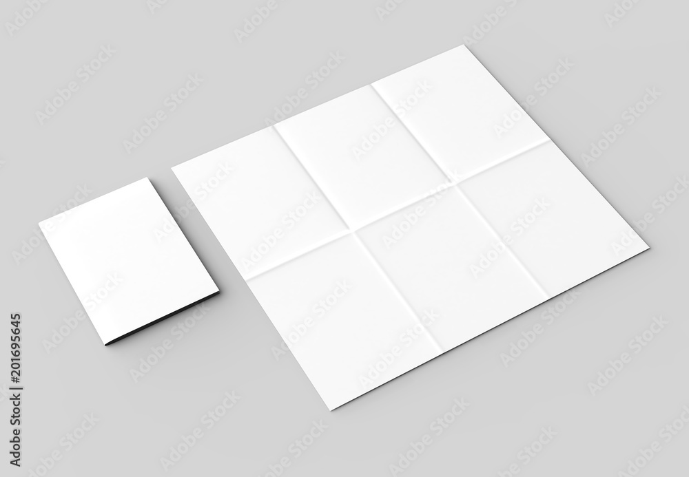 12 page leaflet - French fold vertical brochure mock up isolated on soft gray background. 3D illustrating 12 page leaflet - French fold vertical brochure mock up isolated on soft gray background. 3D illustrating