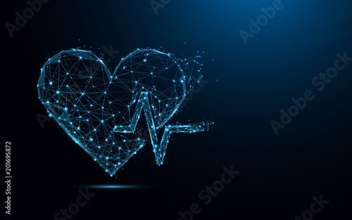 Abstract heart beat form lines and triangles, point connecting network on blue background. Illustration vector