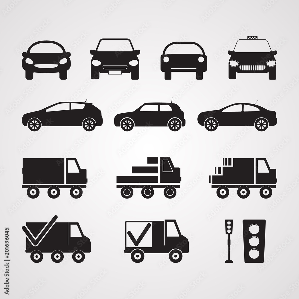 Carved silhouette flat icons, vector. Set of different cars in profile and full face. Illustration of transport, passenger and cargo transport. Truck, sedan, hatchback. Symbol of delivery and taxi