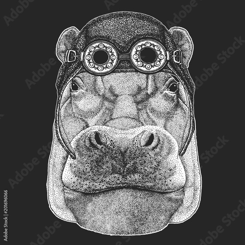 Hippo, Hippopotamus, behemoth, river-horse t-shirt, tattoo, emblem, badge, logo, patch Cool animal wearing aviator, motorcycle, biker helmet.