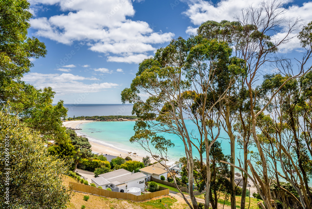 Pretty view to small paradise like town village sandy beach with turquoise blue water and red orange rocks and green shore forest on warm sunny clear sky day, Boat Harbour Beach, Tasmania, Australia