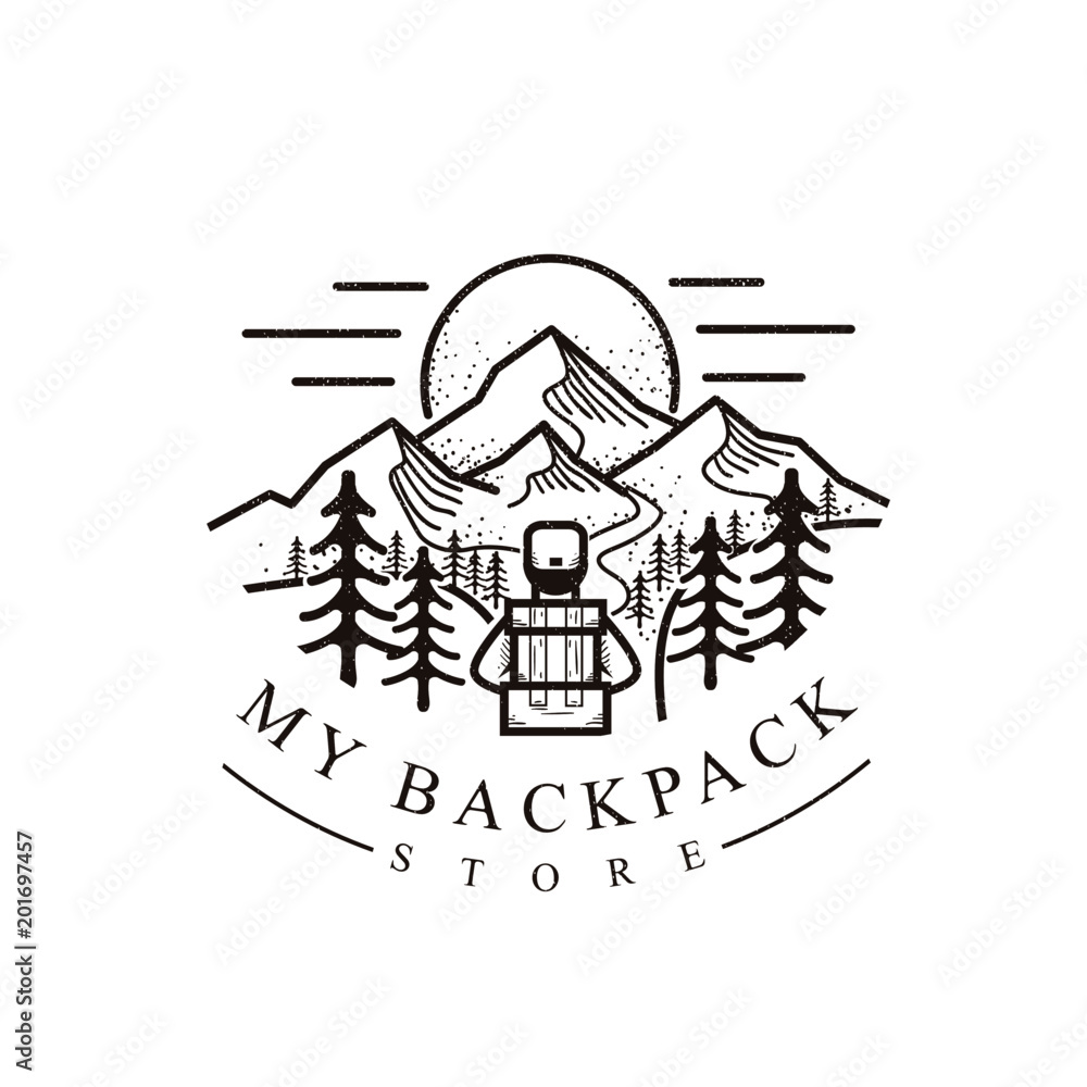 backpack and mountain illustration logo