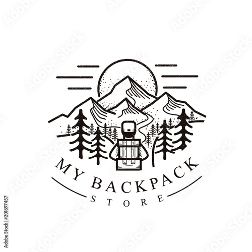 backpack and mountain illustration logo