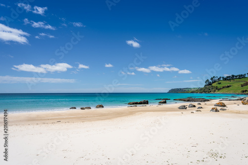 Pretty view to small paradise like town village sandy beach with turquoise blue water and red orange rocks and green shore forest on warm sunny clear sky day  Boat Harbour Beach  Tasmania  Australia