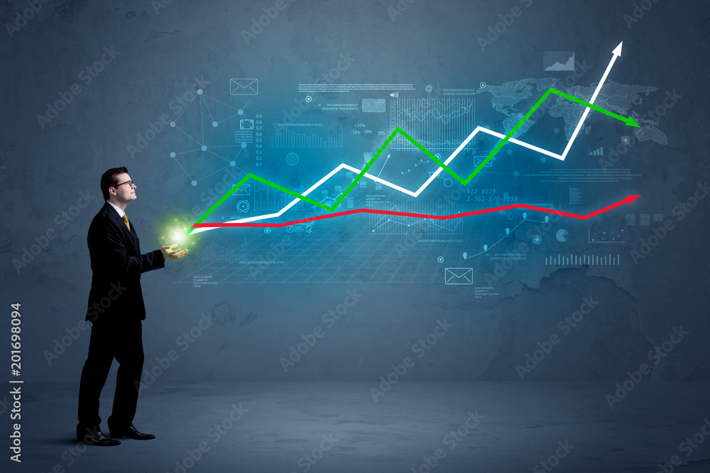 Caucasian businessman holding a stock-market, business and finance sign composition Caucasian businessman holding a stock-market, business and finance sign composition