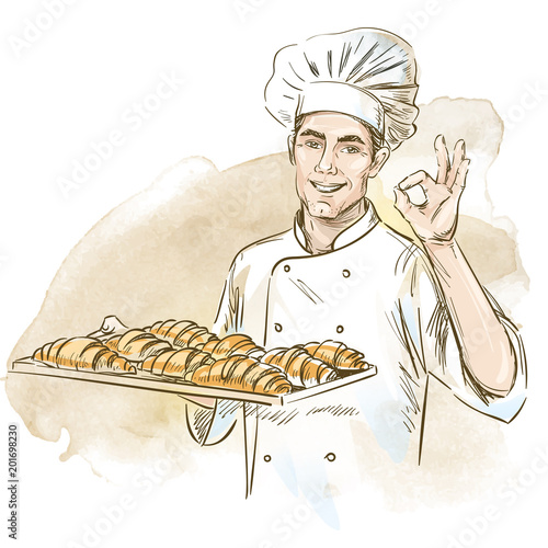 Smiling baker holding plate with croissants. Hand drawn vector illustration on artistic watercolor background.