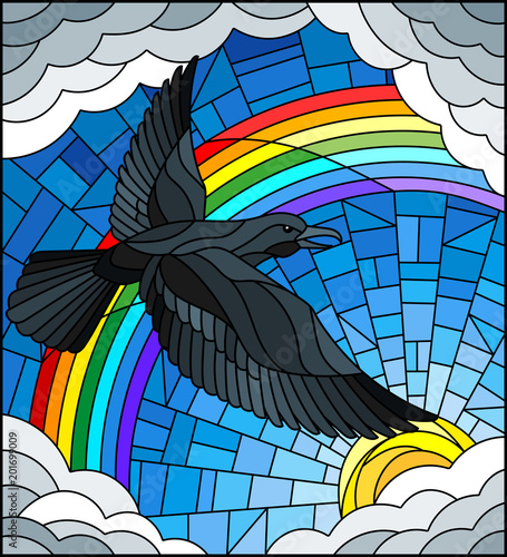 Illustration in stained glass style with a raven on the background of sky, sun , clouds and rainbow