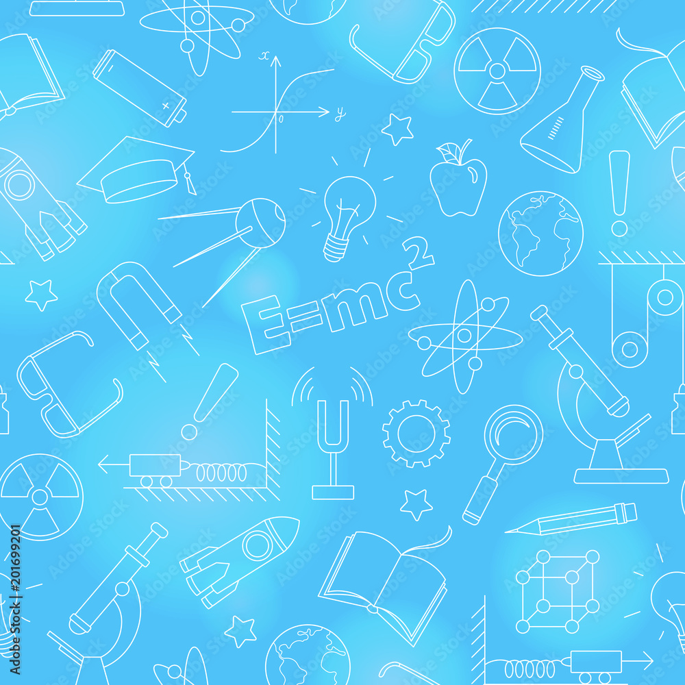 Seamless pattern on the theme of the subject of physics education, simple white contour icons on blue background Seamless pattern on the theme of the subject of physics education, simple white contour icons on blue background