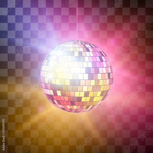 Disco ball with bright rays on transparent background, night party retro background. Vector illustration isolated on transparent background