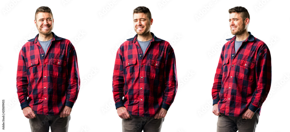 Young man confident and happy with a big natural smile looking side isolated over white background, collage composition