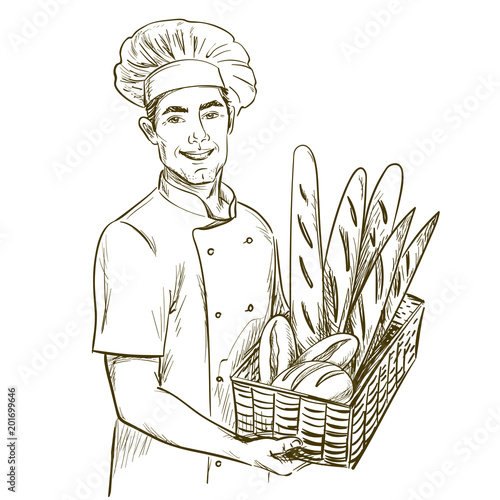 Baker man holding basket of breads. Hand drawn vector illustration on white background.
