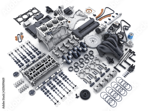 Stampa su Tela Car engine disassembled. many parts.