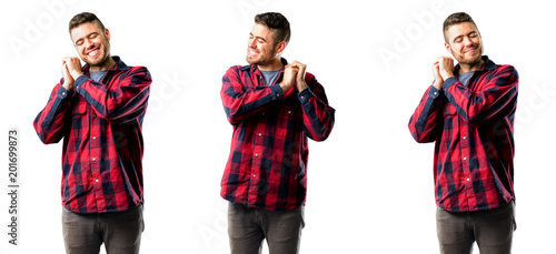 Young man confident and happy with a big natural smile laughing isolated over white background, collage composition